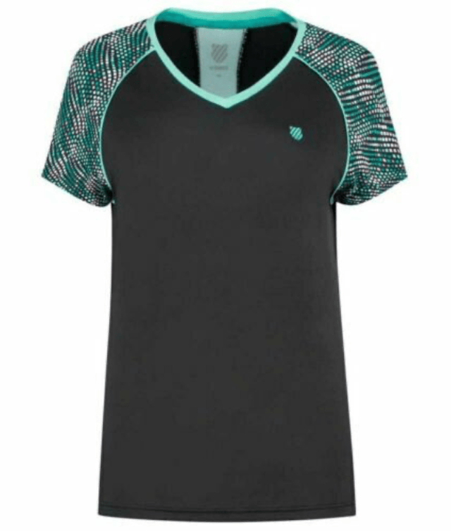 K-Swiss Ladies Tee Black/Green pattern  RRP £35