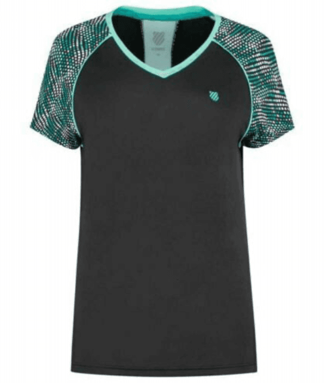 K-Swiss Ladies Tee Black/Green pattern  RRP £35